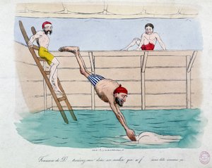O banho: caricatura dos banhos públicos (piscinas) em Paris - século XIX, Carnavalet. de Unknown artist