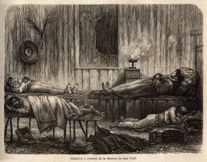 O quarto da missão cristã de São José (Peru), que acolhe o autor durante a sua viagem. Gravura para ilustrar a viagem do Oceano Pacífico à L