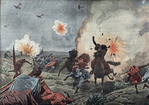 O início da aviação de guerra: os aviadores militares do exército francês dispersam com bombas a Riata rebelde à volta de Taza, em Marrocos, julho de 1914 (início da aviação de guerra e primeiros bombardeamentos, aviador francês bombardeia rebeldes marroqu de Unknown Artist