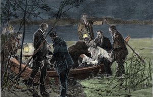 O corpo de Louis (Ludwig) II de Baviere Wittelsbach (1845-1886) encontra afogado com o Dr. Gudden no Lago Starnberg perto do Castelo Berg em junho de 1886 Gravura de Unknown artist