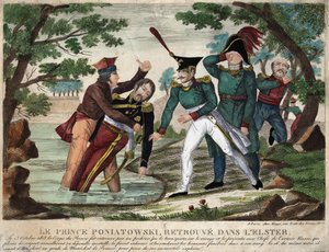 O corpo do Príncipe José (Jozef) Antoni Poniatowski (fez 1763) encontrado no rio Eelster em 23 de outubro de 1813, gravura da época de Unknown artist