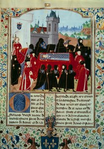 O corpo do falecido Rei Carlos VI (1368-1422) é transportado, atrás da procissão o novo Rei Carlos VII (1403-1461) a 22/10/1422 Miniatura do manuscrito "Crônicas de Carlos VII" (Ms. fr. 2691) de Jean Chartier de Unknown artist