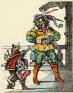O gato das botas encontra o ogre. Ilustração do conto "The cat botte", de Charles Perrault de Unknown artist