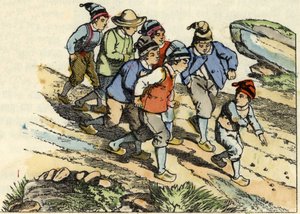 Os irmãos seguem o Little Poulet que semeou seixos brancos no caminho. Ilustração do conto "Le Pepetit Poucet", de Charles Perrault de Unknown artist