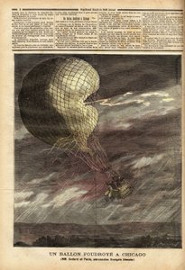 O balão cativo (balão cativo) dos senhores franceses Godard e Panis, vítima de um acidente causado pela tempestade de 7 de julho, no chão da Exposição Mundial em Chicago, em pleno vôo, o balão foi atingido e golpeado, ferindo os dois aviadores gr de Unknown artist