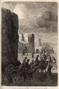 A caravana dos Hajis (pelerinas muçulmanas) em Korantaghi (Pérsia, Irão). Desenho de Emile Bayard (1837-1891), para ilustrar a viagem à Ásia Central, em 1863, de Arminius Vambery (cientista húngaro disfarçado em dervixe). Gravura em "Le tour du mond de Unknown artist