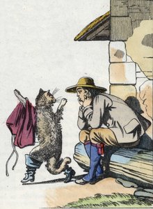 O gato pede roupas e botas ao seu dono e promete ser rico em breve. Ilustração do conto de Charles Perrault "Le chat botte". de Unknown artist