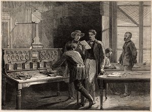 A estação telegráfica central da fábrica de Creusot. Gravura para ilustrar uma viagem ao Creusot e às minas de Saone e Loire, em 1865, por L. Simonin, no "Le tour du monde, nouveau journal des voyages" publicado sob a direcção de Edouard C de Unknown artist