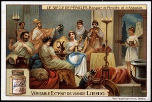 O século de Péricles (495-429 AC): banquete de Péricles e Aspasie (470-400 AC) - Cromolitografia de Liebig de Unknown artist