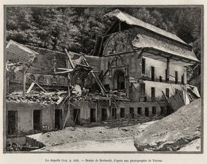 A capela destruída pelo transbordamento da Arve. Gravura de Berteault para ilustrar a história "La catastrophe de Saint Gervais les Bains". de Unknown artist