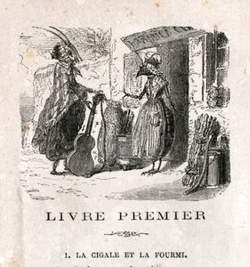 A cigarra e a formiga. Fábula de La Fontaine. Gravura do século XIX. de Unknown artist