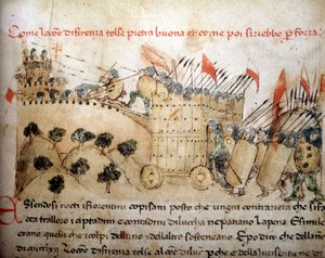 A cidade de Florença conquistou Pietrabuona, que os habitantes de Lucca mais tarde assumiram - em "Croniche del Sercambi", por volta de 1400. Arquivo Nacional, Lucca. de Unknown artist
