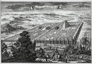 As muralhas da cidade de Babilónia que rodeiam os jardins suspensos e a torre de Babel... de Unknown artist