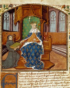 O colunista Enguerrand de Monstrelet (1400-1453) doa seu livro ao Rei Carlos VII (1403-1467) Miniatura de "Crônicas de Enguerrand de Monstrelet" 1465 Reims, biblioteca municipal de Unknown artist
