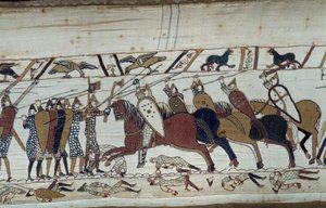 A conquista da Inglaterra pelo Duque da Normandia Guilherme o Conquistador (1027-1087) em 1066: cena da batalha de Hastings contra a infantaria normanda contra a cavalaria saxã Detalhe da tapeçaria de Bayeux ou Bordado da Rainha Mathilde de Unknown artist
