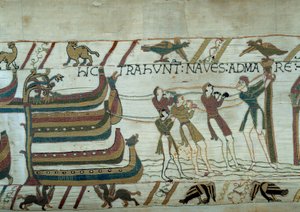 A conquete da Inglaterra pelo exército do Duque da Normandia Guilherme o Conquistador (1027-1087): mal os navios mal construídos são postos ao mar Detalhe da tapeçaria de Bayeux ou Bordados da Rainha Mathilde de Unknown artist