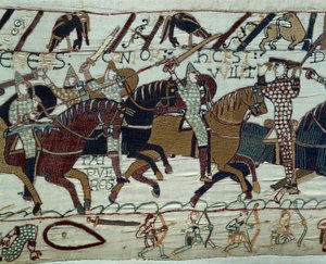 A conquete da Inglaterra pelo exército do Duque da Normandia Guilherme, o Conquistador (1027-1087): O Duque Guillaume é reconhecido pelos seus soldados ao levantar o capacete durante a batalha de Hastings Detalhe da Tapeçaria de Bayeux ou Bordado da Rainha de Unknown artist