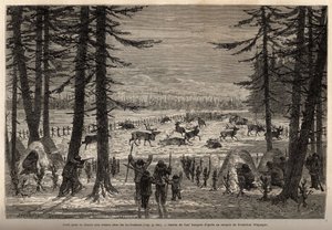 O coral para a caça de renas no Co-Yukon (co-Yukon ou co-Youkouk) (tribo indígena do extremo norte do Canadá). Gravura para ilustrar a viagem e as aventuras na Colômbia inglesa, Ilha Vancouver e Alasca, de Frederick Whymper de Unknown artist