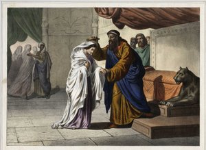 A coroação de Esther: O rei persa Assuero 1 (Xerxes 1) coroa a sua esposa Ester. Gravura anónima do século XIX. de Unknown artist