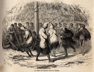 A dança da bayente, ou dança do diabo, entre os índios Yahua do Peru, organizada em honra da lua, acontece todos os anos em uma cabana montada no meio da floresta; após a cerimônia, a cabana, as flautas e os tambores são cuidadosamente queimados. Engrav de Unknown artist