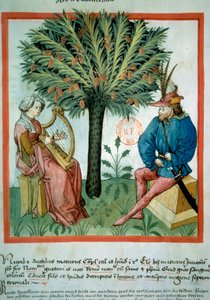 O criador do encontro. Uma mulher toca lira na frente de um homem que ouve música. No fundo, uma palmeira em que as tâmaras crescem. Iluminação do ofício de medicina e dietética (ms. lat. 9333) "Tacuinum sanitatis" após o ofício de medicina "Kitab de Unknown artist