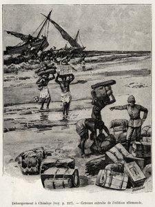 O descasque em Chimbye (Tanzânia) da expedição de Peters. Gravura para ilustrar a história "Au secours d