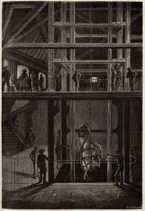 A descida de um cavalo nas minas de Creusot, utilizado em túneis subterrâneos para o transporte de carretas de carvão. Gravura para ilustrar uma viagem ao Creusot e às minas de Saone e Loire, em 1865, por L. Simonin, em "Le tour du monde, nouveau journal d de Unknown artist