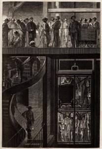 A descida dos mineiros (homens, mulheres e crianças) através da gaiola do elevador para as galerias subterrâneas das minas de carvão de Creusot. Gravura para ilustrar uma viagem ao Creusot e às minas de Saone e Loire, em 1865, por L. Simonin, em "Le tour d de Unknown artist