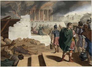 A destruição do templo e da cidade de Jerusalém em 70 pelo Imperador Romano Tito (40-81). Gravura anónima de meados do século XIX. de Unknown artist