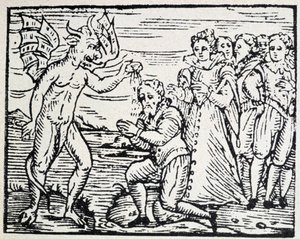 O diabo baptizando homens e mulheres em oração - gravura de Unknown artist