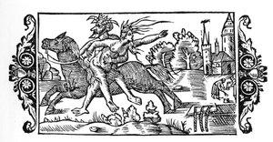 O diabo com uma bruxa - in "Historia de Gentibus Septentrionalibus" de Olaus Magnus, Roma 1555 de Unknown artist