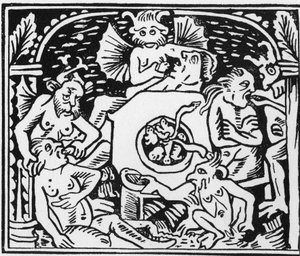 Os demônios tormentosos forçam sapos e cobras aos glutões - "Grand Calendrier et Compost des Bergers", Lyon de Unknown artist