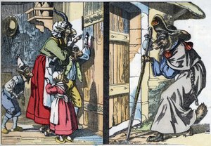 O lobo disfarçado bate à porta da casa com o bode e os biquetes. Ilustração do conto "Compere le Loup, Maitre Renard, Comere la Chevre et ses petits biquets" depois de uma fábula de Jean de la Fontaine. Em "Contos do lar para os pequenos de Unknown artist