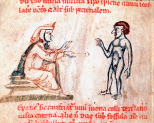 O médico queima o paciente em áreas dolorosas com ferros quentes Miniatura do manuscrito "De Medicina cauteriorum secundum Brunum, Rugerium et Rolthe" Paris, B.N. do século XIII. de Unknown artist