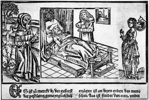 O médico na cama do pestiferé, gravura em madeira do "Liber pestilentialis" de Jérôme Brunschwig, Estrasburgo de Unknown artist