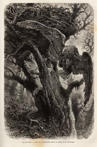 A águia protegendo o seu ninho do intruso. Gravura para ilustrar a história Quatre mois en Florida, de M. Pousselgue, em 1851-1852, publicada em "le tour du monde", sob a direção de D
