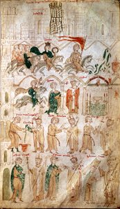 A entrada de Henrique VI do Santo Império (1165-1197) em Roma e sua coroação como Imperador em 14/04/1191 pelo Papa Celestin III Página tirada de "Liber ad honorem Augusti" por Pietro da Eboli (Pedro de Eboli) - (codex 120, fol 105) Burgerbibli do século X de Unknown artist