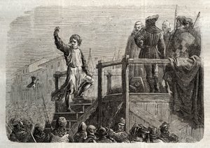 A execução de Conradin (ou Conrado de Hohenstaufen) Rei da Sicília e Duque da Suábia (1252-1268) por ordem de Carlos de Anjou após a batalha de Tagliacozzo em 1268" (Execução de Conradin (ou Conrado o mais jovem), último rei Staufer da Sicília, após de Unknown artist