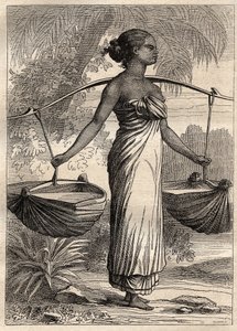 A expedição ao redor do mundo (1790-1792) pelo capitão Etienne Marchand (1755-1793): porta-água em Timor (Timor Leste, Indonésia) -ilustração retirada de "Os Grandes Marinheiros do século 18". de Unknown artist
