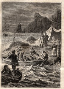 A expedição às terras do sul (1800-1803) por Nicolas Baudin (1754-1803): os doentes de escorbuto foram transportados para terra na Baía de Aventura (Tasmânia, Austrália) - ilustração tirada de "Os Grandes Marinheiros do século XVIII". de Unknown artist