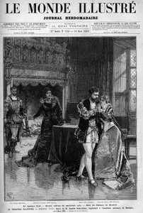 O quarteto final, a segunda pintura do quarto acto que se realiza na sala do castelo de Kimbolt. Cena da ópera Henrique VIII de Camille Saint Saens (Saint-Saens) representada na Academia Nacional de Música no dia 5 de Março. de Unknown artist