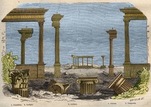 As cinco ordens da arquitectura clássica (antiga): Coríntio, dórico, iónico, toscano e composto, cada uma representada por uma coluna. Gravura de 1857 em "Le Musee Des Sciences". de Unknown artist
