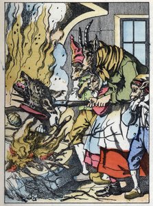 O bode mata o lobo na chaminé. Ilustração do conto "Compere le Loup, Maitre Renard, Comere la Chevre et ses petits biquets" depois de uma fábula de Jean de la Fontaine. Em "Contos da casa para os pequenos". Gravura anónima do 19t de Unknown artist