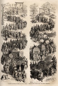 A grande procissão do Mikado (Imperador do Japão), no dairi, o antigo castelo imperial de Heian-kyo (Heian Kyo, hoje Kyoto) de 794 a 1869. Gravura para ilustrar a viagem ao Japão em 1863-1864, de Aime Humbert, ministro da Suíça. de Unknown artist