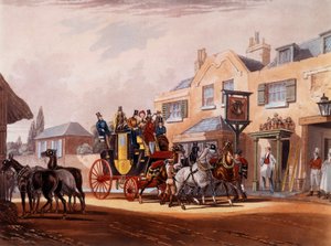O revezamento de um cavalo de diligência durante uma paragem numa estalagem. Estampas da Colecção Privada do século XIX de Unknown artist