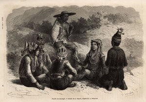 A população indígena de Xieng Hong (Laos), vestindo trajes tradicionais, sobre o casaco, um peito de veludo com enfeites, com saia ou calças curtas completas por um pequeno boné decorado. Gravura para ilustrar a viagem de exploração na Indochina, b de Unknown artist