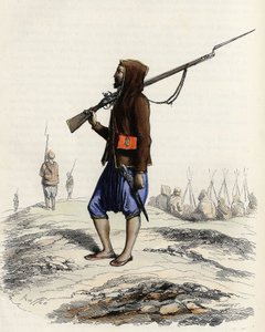 A infantaria do Emir Abd-el-Kader resiste ao exército francês durante a expedição de Argel de 1830. Em "L