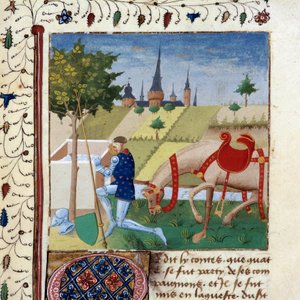 O cavaleiro da Távola Redonda Gauvain (ou Gawain), sobrinho do rei Artur perto de uma fonte. Miniatura do manuscrito "O romance do Quete do Graal" 1450-1460 Dijon, Biblioteca Municipal de Unknown artist