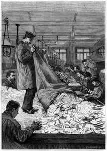 As grandes mesas de cartas nos centros de triagem do Hotel des Postes na Rue du Louvre, em Paris. Gravação na revista "La jeunesse". de Unknown artist
