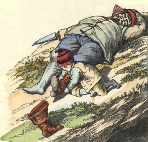 O pequeno poucet rouba as botas de 7 lugares do ogre adormecido. Ilustração do conto "Le Pepetit Poucet" de Charles Perrault de Unknown artist